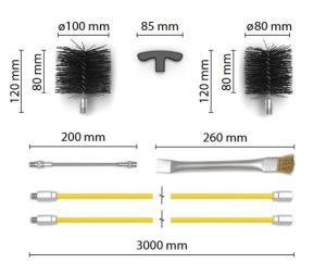 Комплект за почистване на комин -  две четки ф 80 и ф 100мм + "жило" 3 м и помощна четка с гъвкава връзка